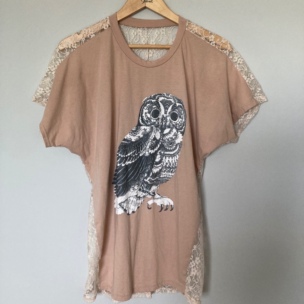 Vintage Owl Print Beige Floral Mesh Lace Oversized Shirt
